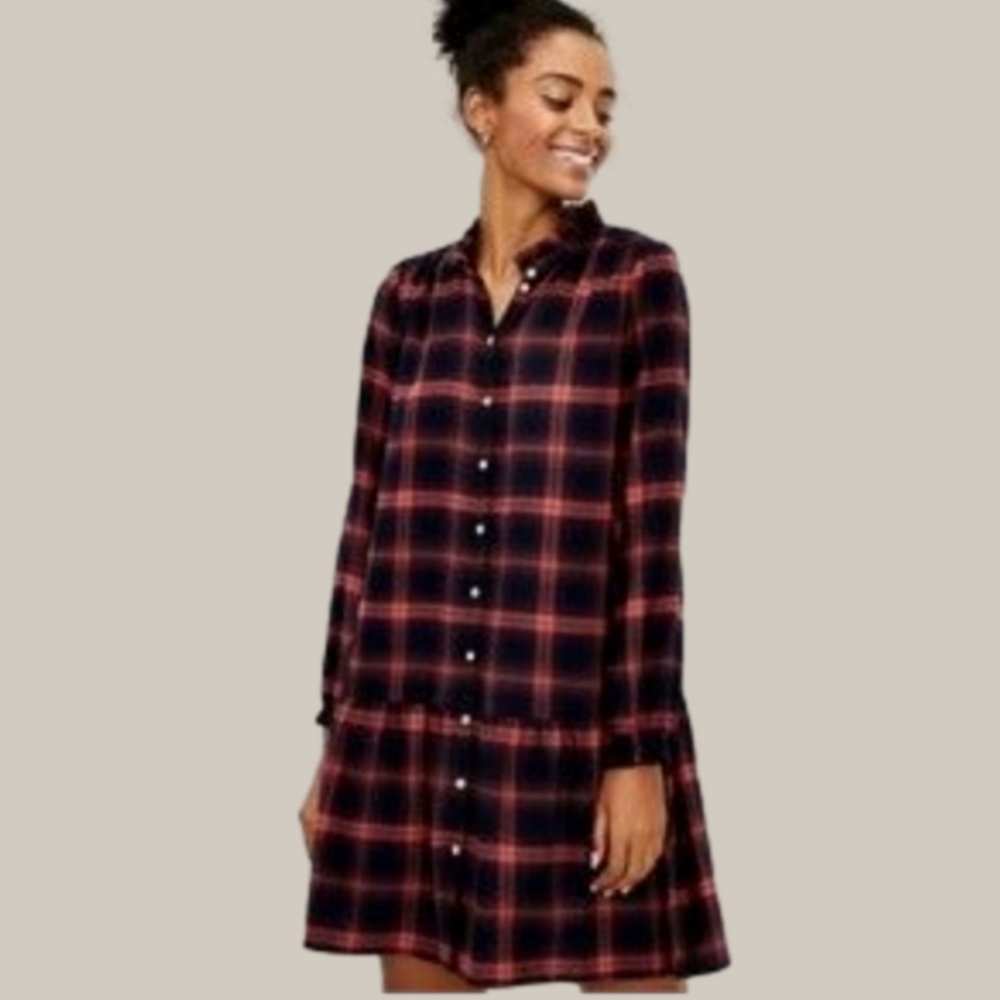 Loft Navy & Rust Plaid Tiered Shirt Dress Size (ST) Small Tall